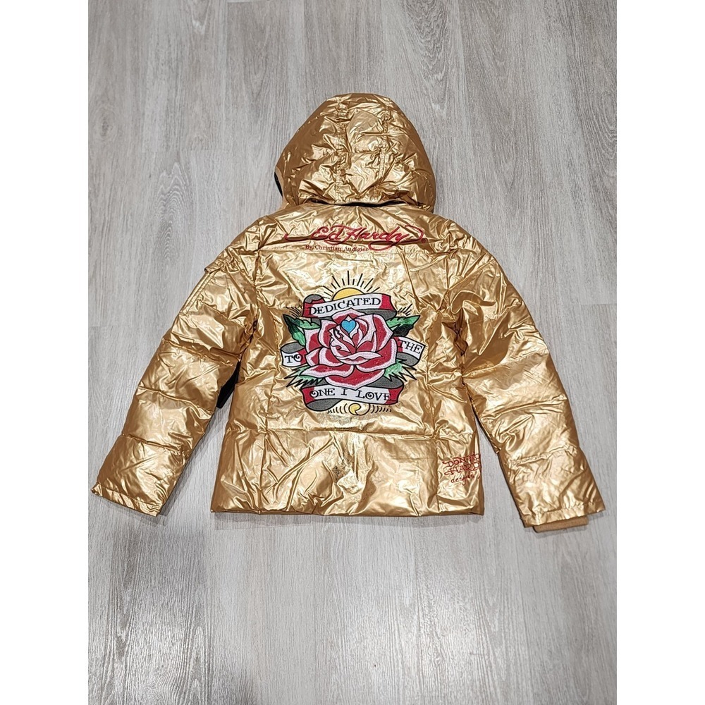 Ed Hardy By Christian Andigier Womens Puffer Jacket Skull Rose Gold Size M - Picture 2 of 11